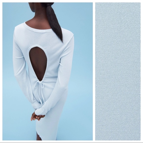 NWT. Zara Light Blue Knit Midi Dress with Back Opening. Size M. - Picture 6 of 10